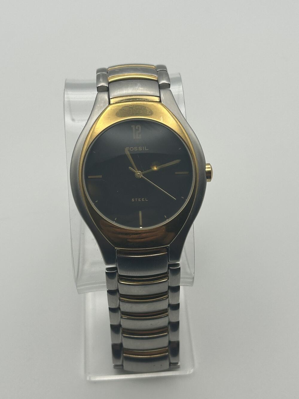 Fossil Steel FS2740 Mens Watch Black Dial Two Tone Gold Silver Bracelet Runs